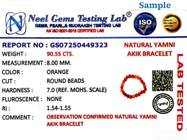 ISO certified gemstone testing lab certificate for yamini hakik bracelet