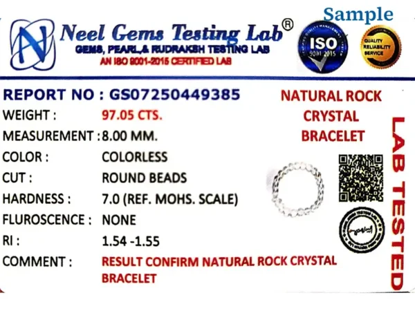 ISO certified gemstone testing lab certificate for rock crystal bracelet