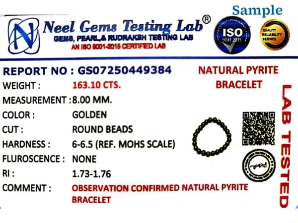 natural pyrite bracelet cERTIFICATE