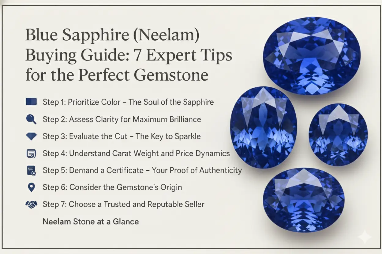 A high-quality, deep blue Neelam stone (Blue Sapphire) held in tweezers.