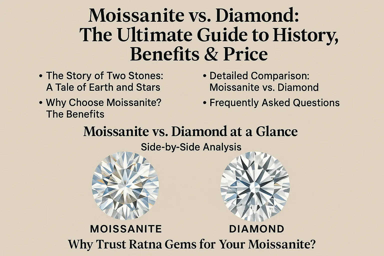 A side-by-side comparison of a brilliant Moissanite and a classic Natural Diamond.