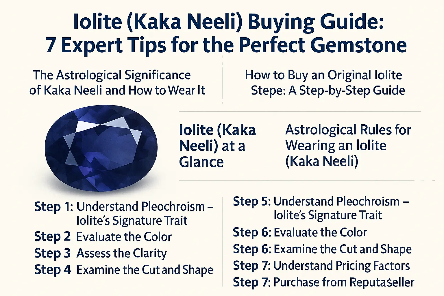 A high-quality, faceted Iolite (Kaka Neeli) gemstone displaying its deep violet-blue color.