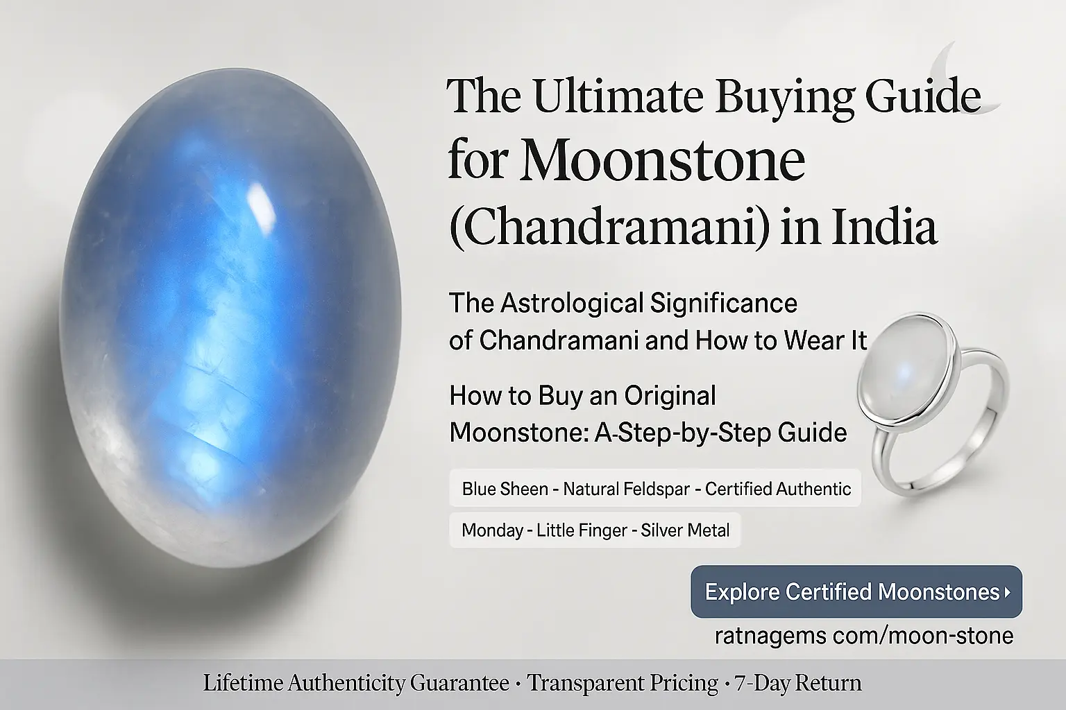 A high-quality, polished Moonstone cabochon displaying a strong blue adularescence.