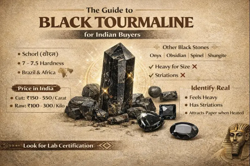 Infographic showing Black Tourmaline gemstones including raw crystals and polished stones, with key facts, price range in India, and tips to identify genuine Schorl