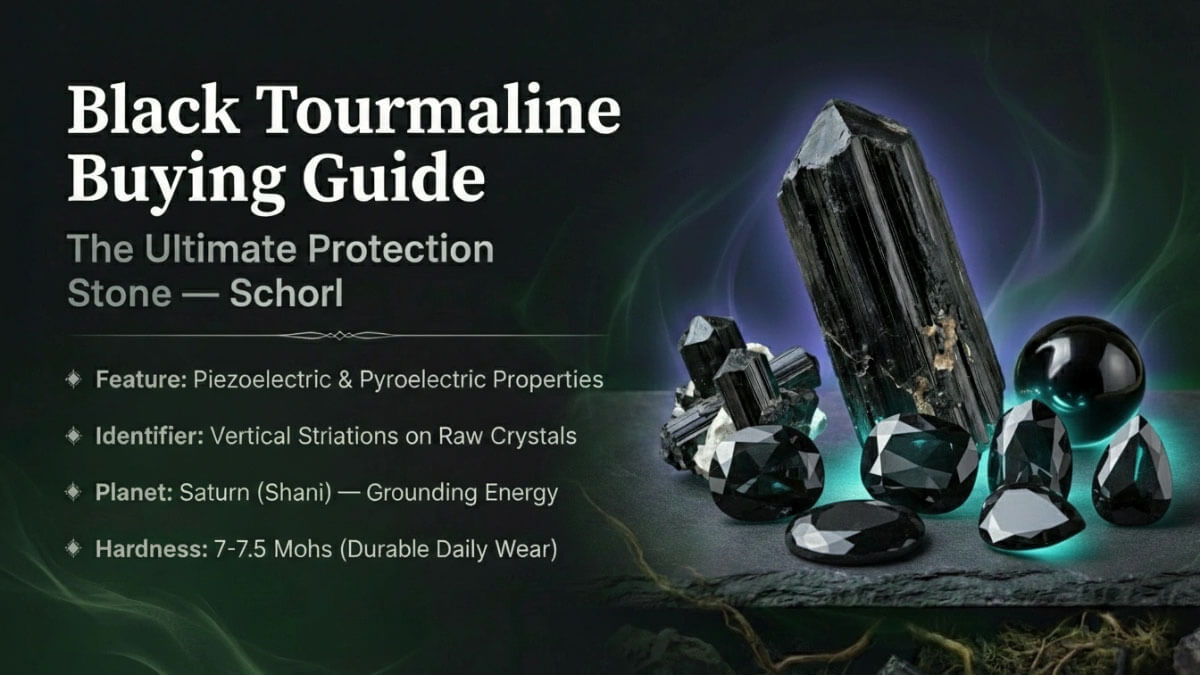 The Complete Guide to Black Tourmaline: Everything Indian Buyers Need to Know 1 Black Tourmaline Schorl crystals with vertical striations, faceted gems and polished sphere - protection stone guide