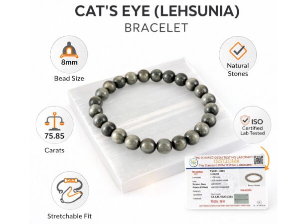 Cat’s Eye Lehsunia bracelet with bead size carat details and ISO lab certification
