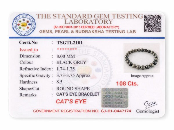 Gem testing certificate TSGTL2101 for Cat’s Eye Lehsunia bracelet