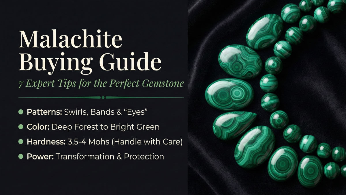Green Malachite cabochons and beads showing signature banded swirl patterns - transformation stone guide