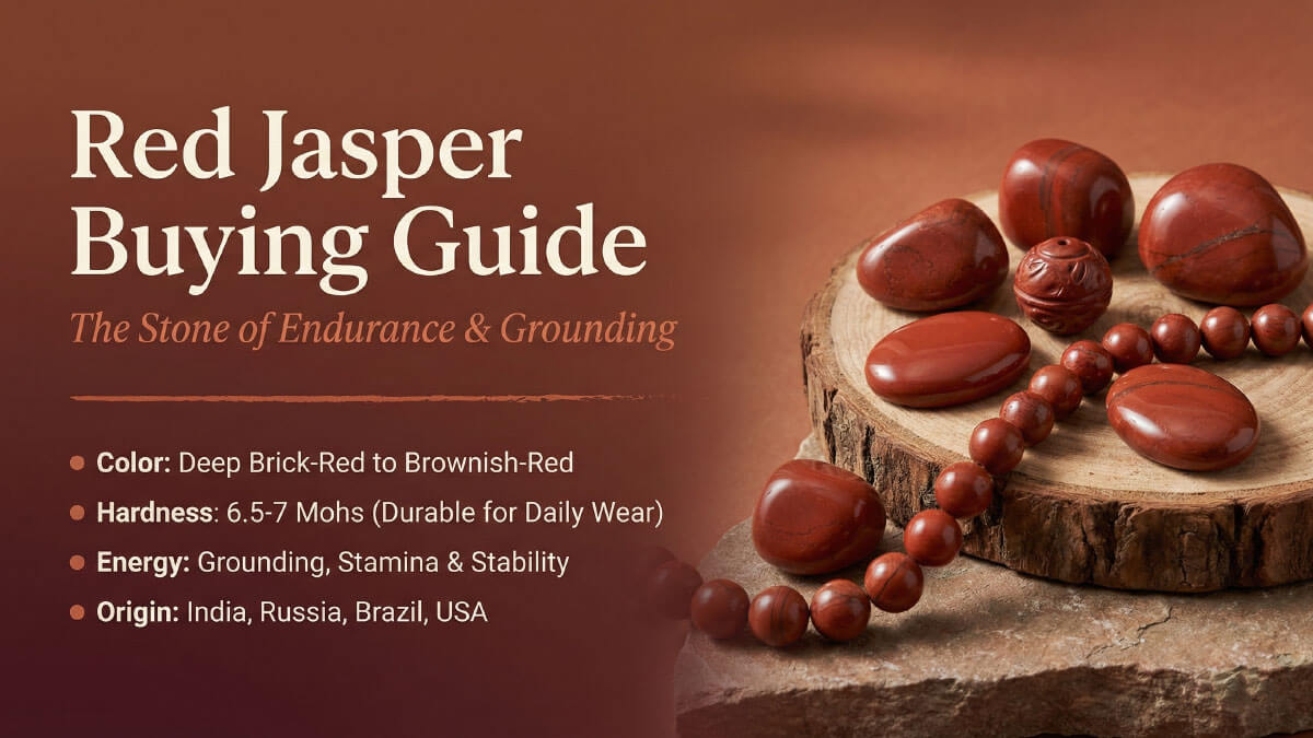 Polished Red Jasper tumbled stones cabochons and carved beads in brick-red color - grounding stone guide