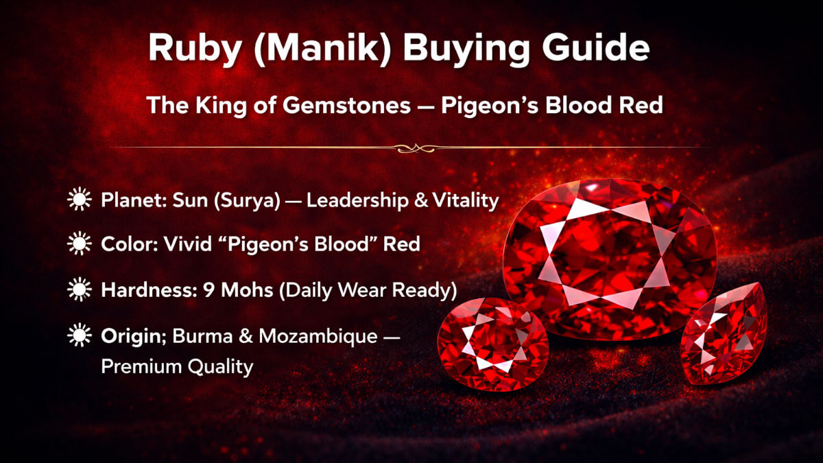 Brilliant faceted Ruby Manik gemstones in vivid pigeon's blood red color - Sun gemstone buying guide India