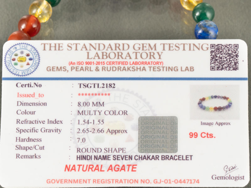 Natural Seven Chakra Bracelet (8mm Beads) 6 Lab certificate TSGTL2203 for Natural Agate Seven Chakra bracelet 96 carats