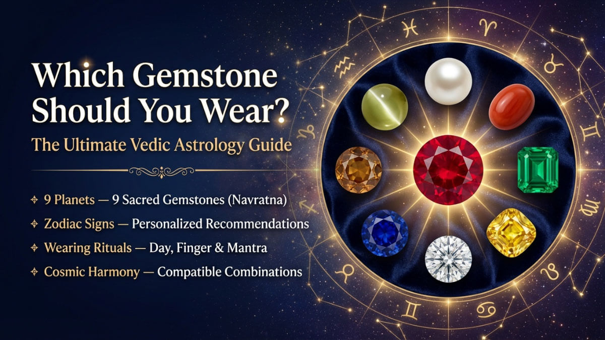 Which Gemstone Should You Wear? The Ultimate Vedic Astrology Guide 15 Navratna nine planetary gemstones arranged in zodiac circle - Ruby Pearl Coral Emerald Sapphire Diamond Gomed Cat's Eye