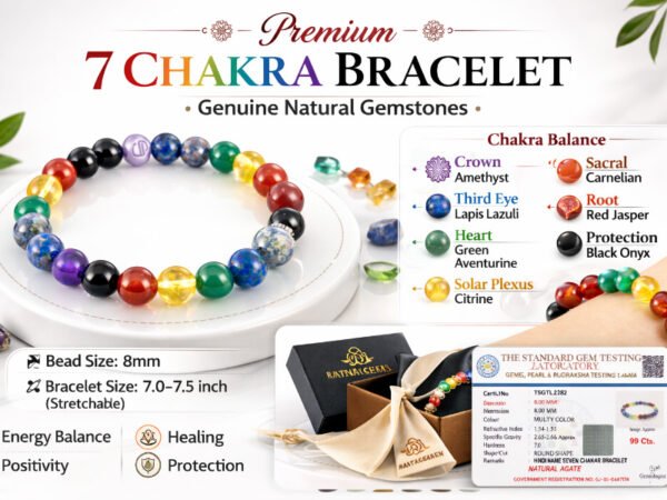 Infographic of 7 Chakra bracelet showing bead size, chakra stones, and certificate preview