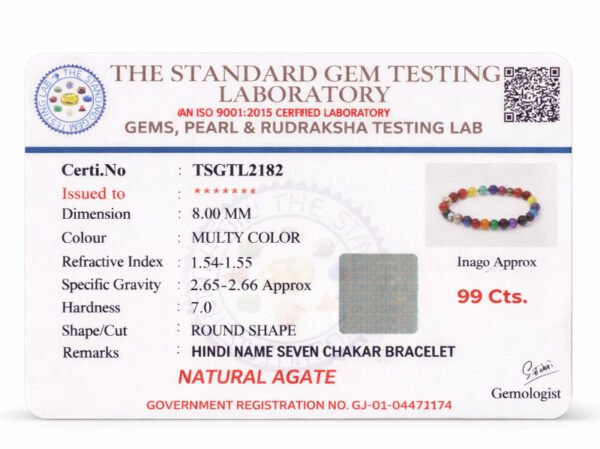 Gem testing certificate TSGTL2182 for 7 Chakra bracelet (8.00 mm, 99 cts)
