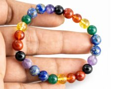 7 Chakra gemstone bracelet on fingers for size reference (8mm beads)
