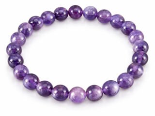 Amethyst bracelet with natural purple round beads 8mm on white background