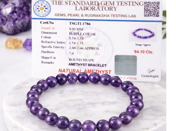 Amethyst bracelet displayed with gem testing certificate TSGTL1786
