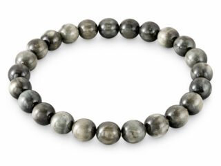 Cat’s Eye Lehsunia bracelet with natural black grey round beads 8mm on white background
