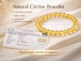 Natural Citrine bracelet infographic showing 8mm beads lab tested certificate included