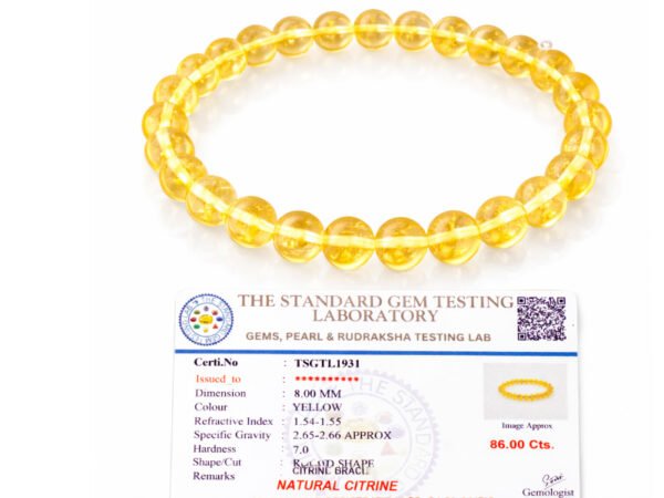Citrine bracelet with lab certificate TSGTL1931 showing 8mm beads