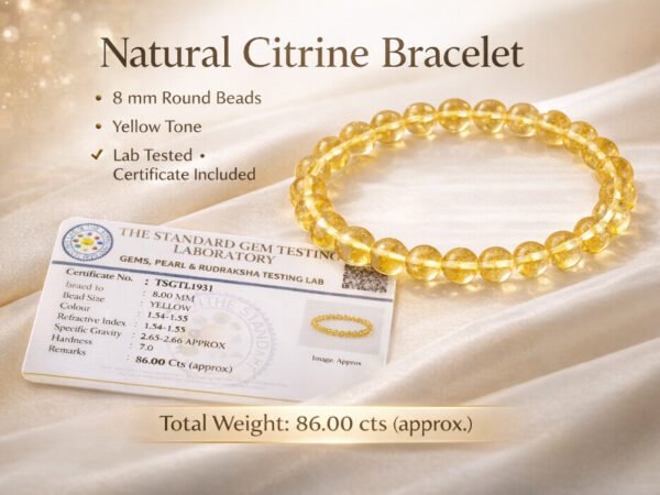 Natural Citrine bracelet infographic showing 8mm beads lab tested certificate included