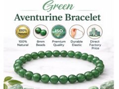 Green Aventurine bracelet infographic showing 8mm beads natural stone and elastic fit