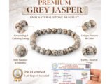 Grey Jasper bracelet infographic showing 8mm beads unique pattern and ISO lab report