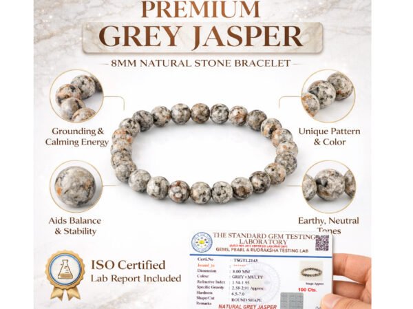 Grey Jasper bracelet infographic showing 8mm beads unique pattern and ISO lab report