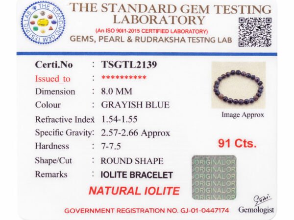 Gem testing certificate TSGTL2139 for Iolite Neeli bracelet