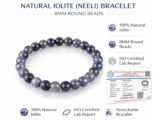 Natural Iolite Neeli bracelet infographic showing 8mm beads ISO lab report
