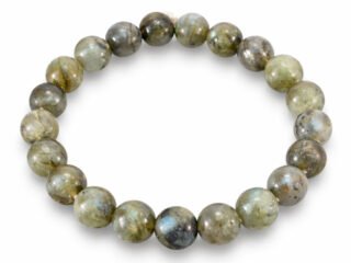 Labradorite bracelet with natural grey green round beads 8mm on white background
