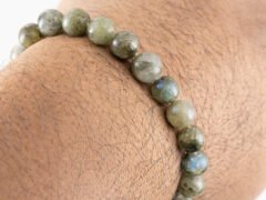 Labradorite bracelet worn on wrist showing natural flash and bead size