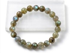 Natural Labradorite bead bracelet angled display on selenite plate
