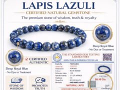 Certified natural Lapis Lazuli bracelet infographic showing bead size and authenticity