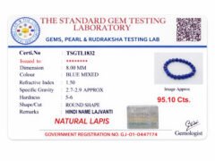 Gem testing certificate TSGTL1832 for Lapis Lazuli Lajvanti bracelet