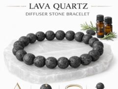 Lava Quartz diffuser stone bracelet displayed with essential oil bottles