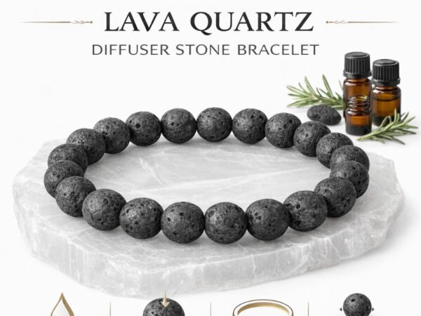 Lava Quartz diffuser stone bracelet displayed with essential oil bottles