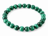 Natural Malachite 8mm round bead bracelet on a white background.