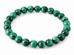 Natural Malachite 8mm round bead bracelet on a white background.