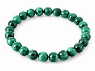Natural Malachite 8mm round bead bracelet on a white background.