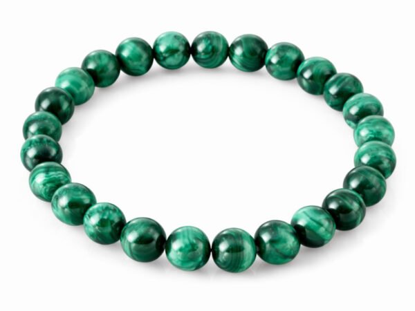 Natural Malachite 8mm round bead bracelet on a white background.