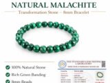 Infographic highlighting the natural Malachite 8mm bracelet features, including 100 percent natural stone guarantee, rich green banding, and gem testing certification.