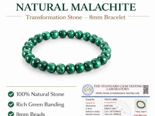 Infographic highlighting the natural Malachite 8mm bracelet features, including 100 percent natural stone guarantee, rich green banding, and gem testing certification.