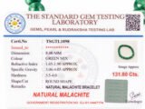 Official gem testing laboratory certificate for the natural Malachite bracelet, displaying a weight of 131.80 carats and 8mm dimension.