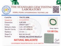 Official gem testing laboratory certificate for the natural Malachite bracelet, displaying a weight of 131.80 carats and 8mm dimension.