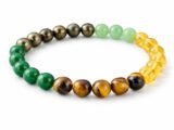Multi-color 8mm round bead Money Magnet bracelet on a white background.