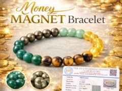 Promotional graphic for the Money Magnet Bracelet showing the multi-color gemstone beads, gold coins background, and lab certification details.