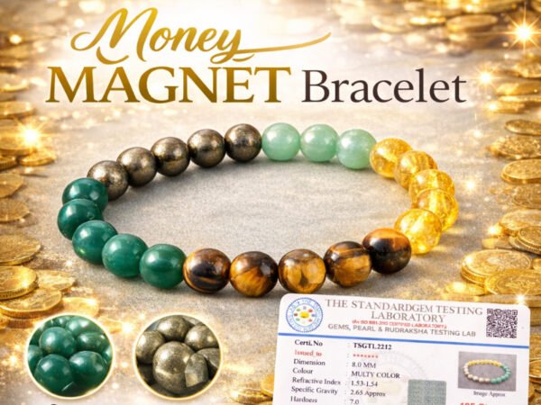 Promotional graphic for the Money Magnet Bracelet showing the multi-color gemstone beads, gold coins background, and lab certification details.