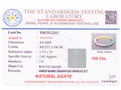 Official gem testing laboratory certificate for the multi-color Money Magnet bracelet, displaying a weight of 105 carats and 8mm dimension.