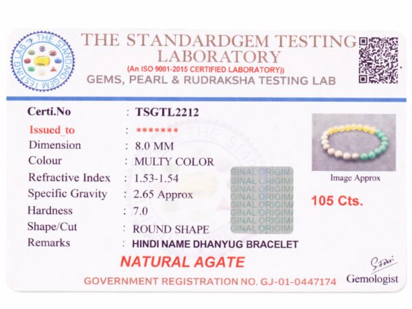 Official gem testing laboratory certificate for the multi-color Money Magnet bracelet, displaying a weight of 105 carats and 8mm dimension.